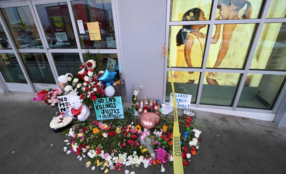 PHOTO: A makeshift memorial rests in front of a Burlington coat factory store, Dec. 27, 2021, for Valentina Orellana-Peralta, who was killed Dec. 23 by a police stray bullet inside, in North Hollywood, Calif.