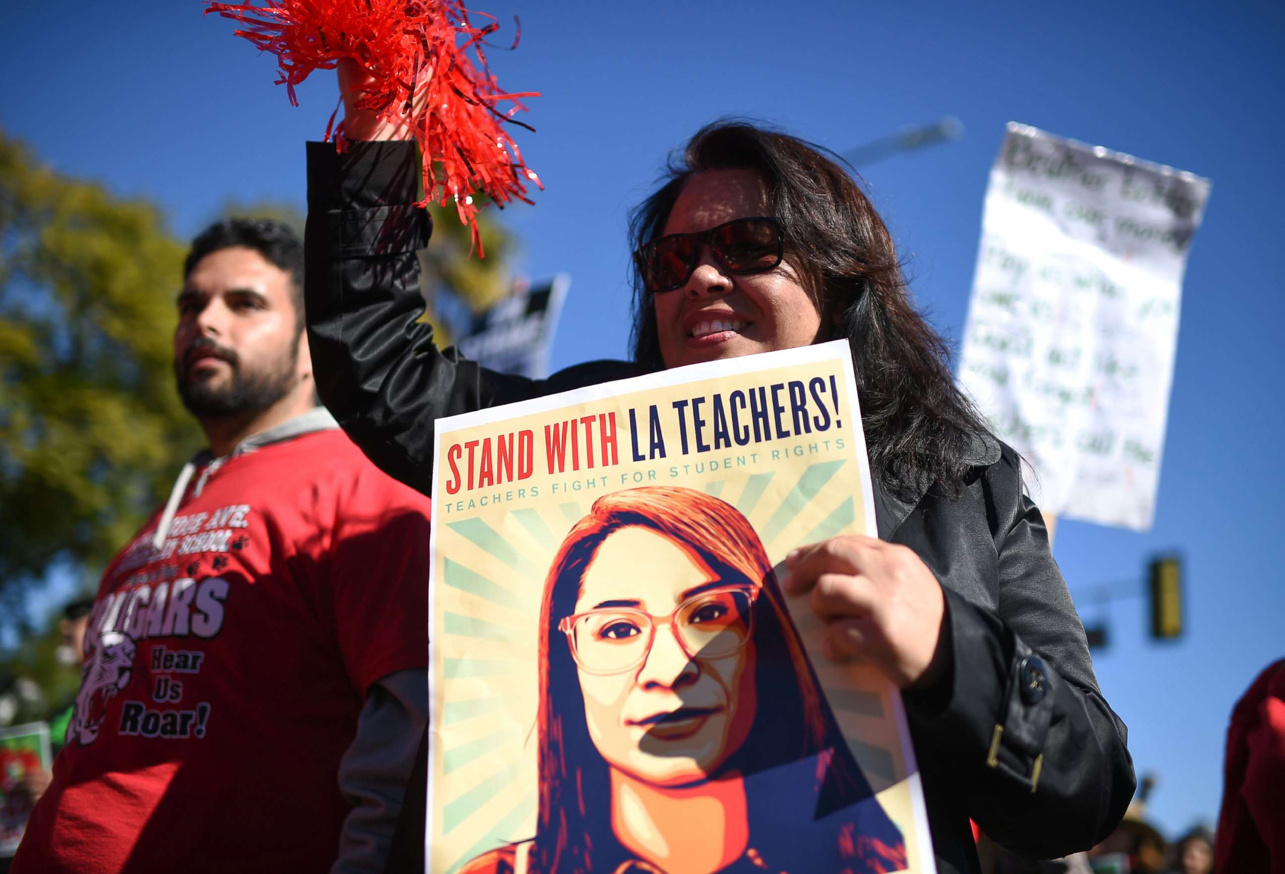 PHOTO: Striking public school teachers and their supporters march during the 34th annual Kingdom Day Parade on Martin Luther King Jr Day, Jan. 21, 2019, in Los Angeles.