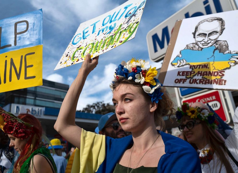PHOTO: A Ukrainian protester holds a sign during a demonstration against the Russian invasion of  Ukraine in Los Angeles, Saturday, Feb. 26, 2022.
