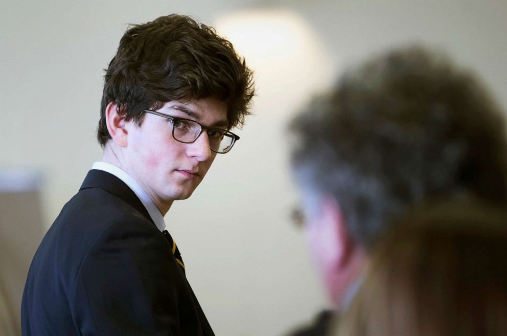 PHOTO: Owen Labrie looks at his family, Feb. 21, 2017, during a hearing in Concord, N.H., on whether he deserves a new trial.