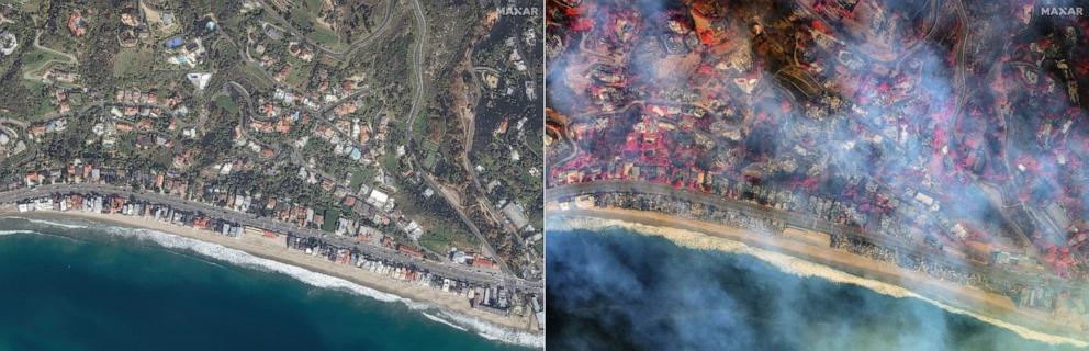 PHOTO: Overview of beachfront homes before and after fire swept along La Costa Beach, in Malibu, Calif., in a satellite image provided by MaxarTechnologies.