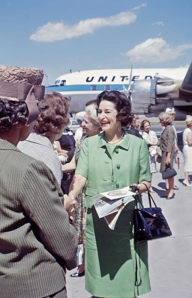 PHOTO: Lady Bird Johnson greets supporters during a westward trip while campaigning for her husband Lyndon B. Johnson's presidential bid, in 1964.