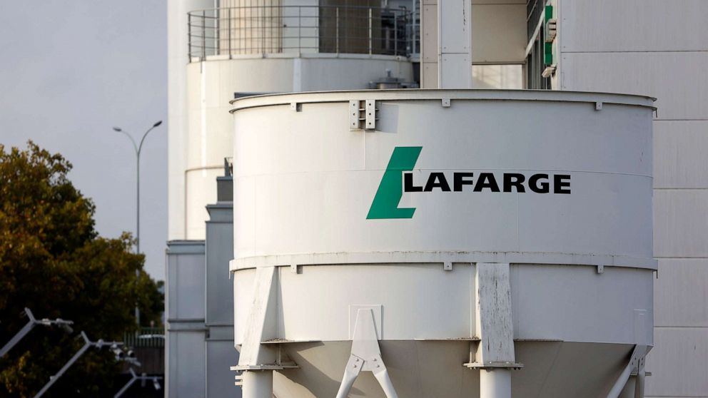 PHOTO: In this Oct. 19, 2022, file photo the logo of the concrete plant of the French building materials company, Lafarge is seen in Issy-les-Moulineaux, France.