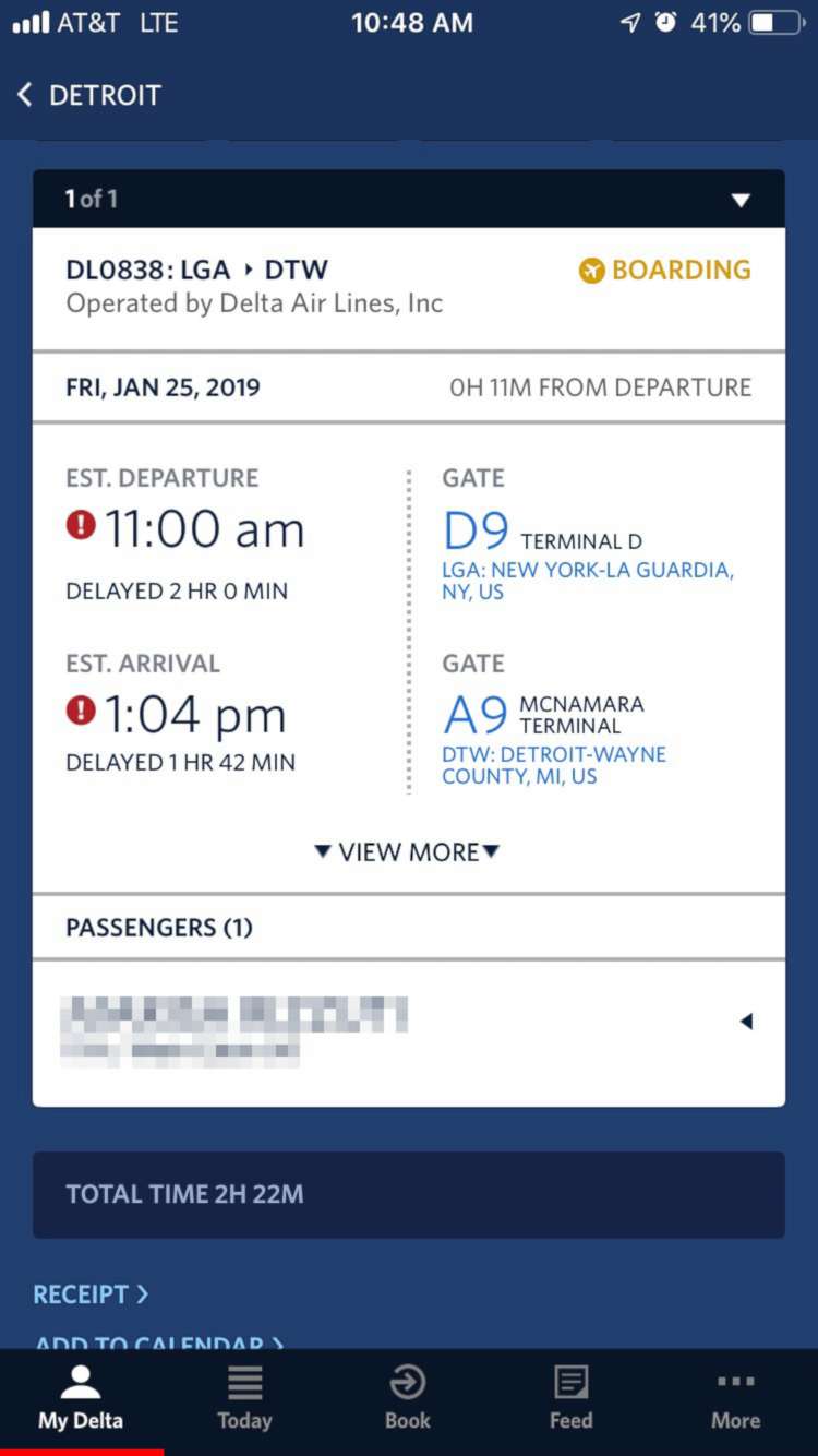 PHOTO: A screen grab from a traveler's smartphone airline app shows a two-hour delay for the departure of their flight from LaGuardia Airport to Detroit on Jan. 25, 2019.