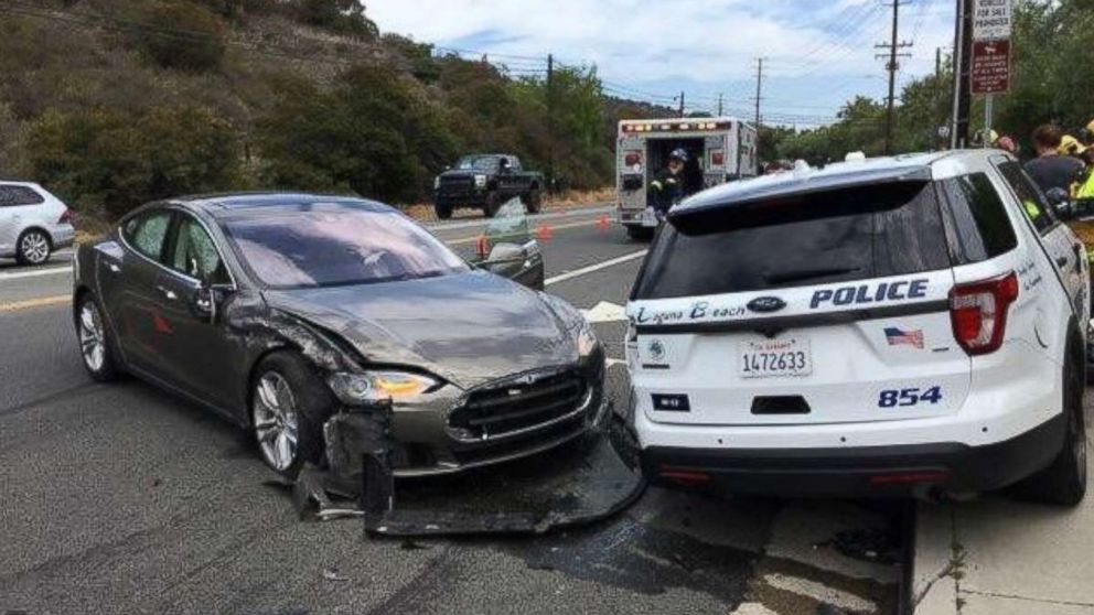 Police say a Tesla was in Autopilot mode when it hit a police vehicle in Laguna Beach, Calif., on Tuesday, May 29, 2018.