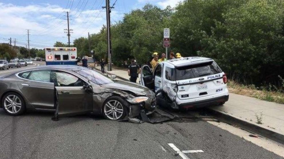 Police say a Tesla was in Autopilot mode when it hit a police vehicle in Laguna Beach, Calif., on Tuesday, May 29, 2018.