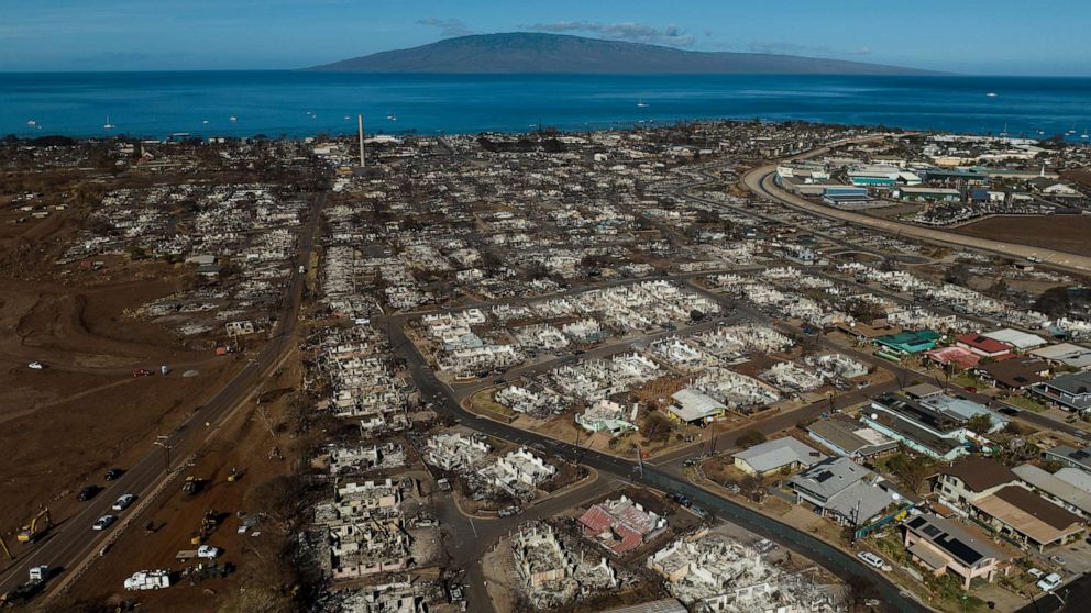 PHOTO: A aerial view of the burned areas in the aftermath of a wildfire in Lahaina, Hawaii, Aug. 17, 2023.