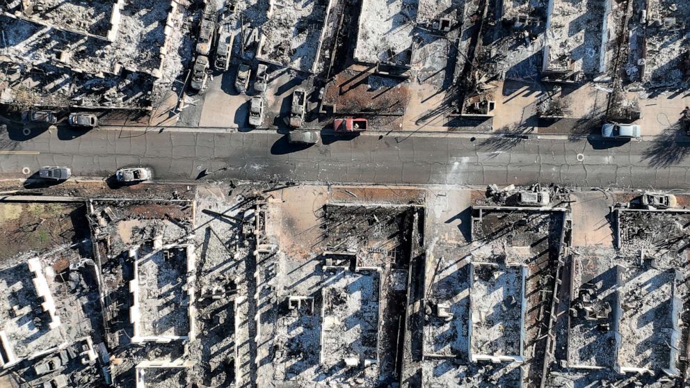 PHOTO: An aerial view of burned cars and homes destroyed by wildfire in Lahaina, Hawaii, Aug. 17, 2023.