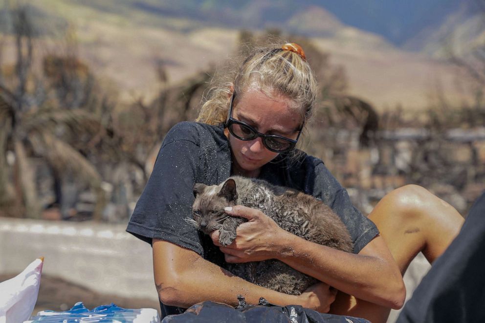 PHOTO: A woman cradles her cat after finding him in the aftermath of a wildfire in Lahaina, western Maui, Hawaii, Aug. 11, 2023.