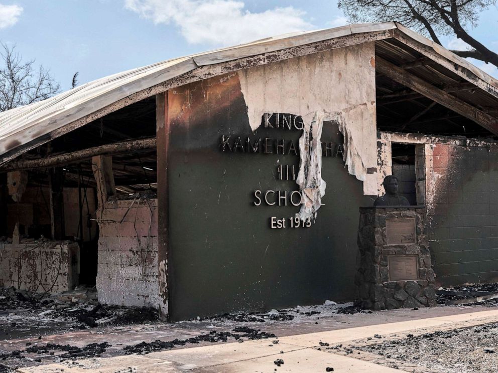 PHOTO: The destroyed King Kamehameha III Elementary School, where classes were supposed to begin on Aug. 9, in Lahaina, Hawaii, on Aug. 10, 2023.
