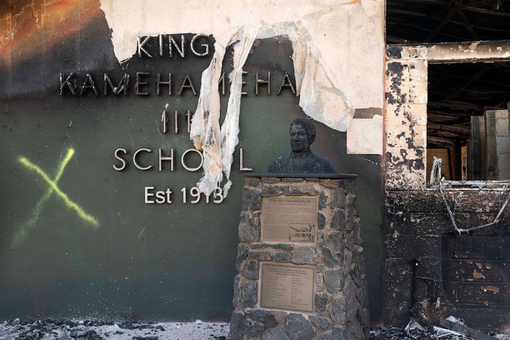PHOTO: The gutted Kamehameha III School in Lahaina, Maui, Hawaii, the day after the town was devastated by a wildfire, on Aug. 11, 2023.