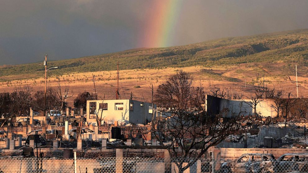 PHOTO: A rainbow appears above the devastated town of Lahaina, Hawaii, Aug. 20, 2023.