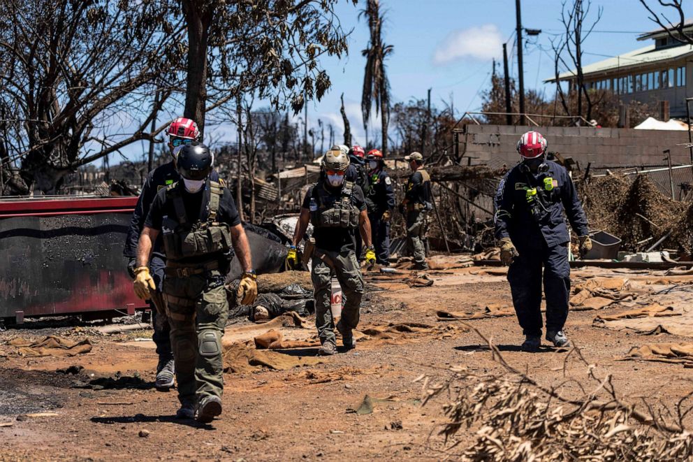 PHOTO: Search and rescue team members work in the area devastated by a wildfire in Lahaina, Hawaii, Thursday, Aug. 17, 2023. The blazes incinerated the historic island community of Lahaina and killed more than 100 people. (AP Photo/Jae C. Hong)