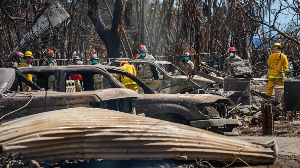 PHOTO: Members of the Hawaii Army, Air National Guard and first responders conduct search operations of areas damaged by wildfires in Lahaina, Maui, Aug. 15, 2023.