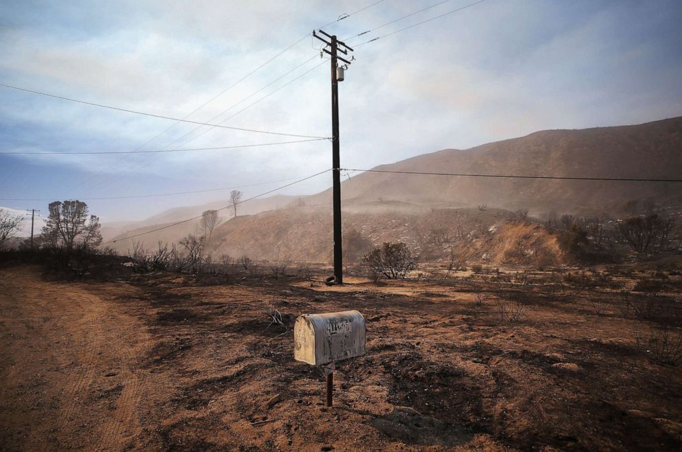 PHOTO: A mailbox stands in an area blackened by the Lake Fire on Aug. 13, 2020 in Lake Hughes, Calif.