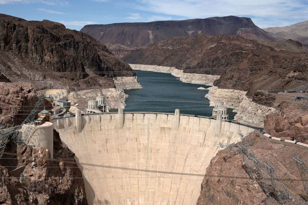 PHOTO: Low water levels due to drought are seen in the Hoover Dam reservoir of Lake Mead near Las Vegas, Nevada, June 9, 2021.