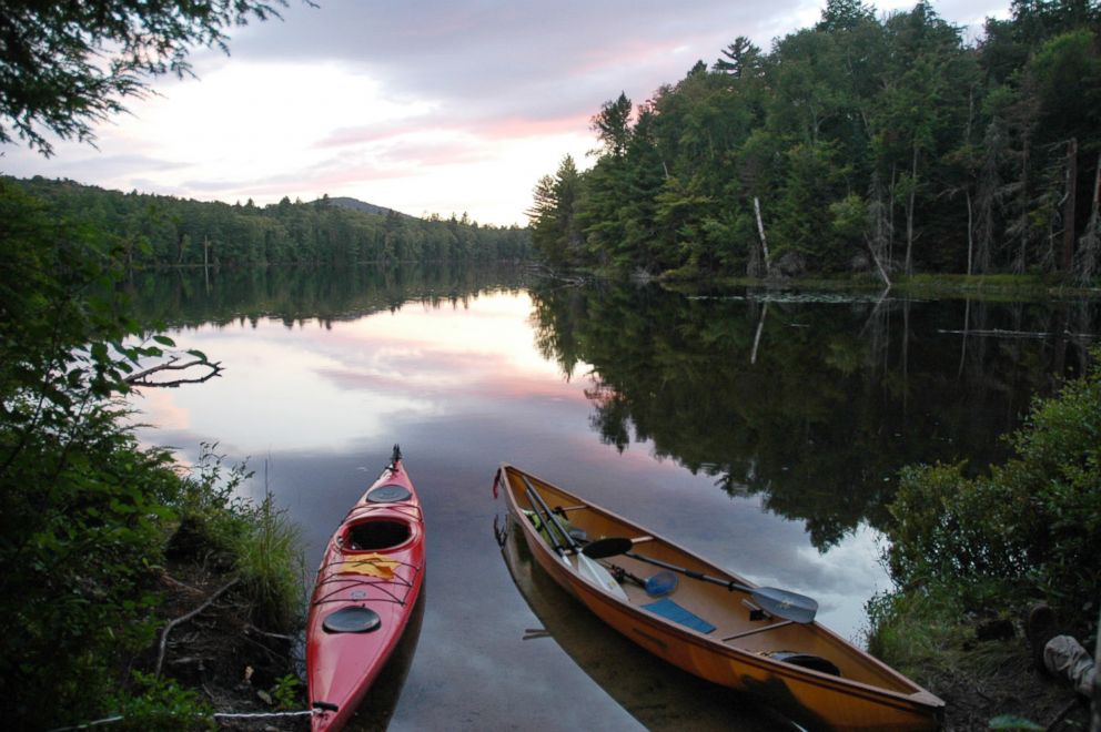PHOTO: In this file photo dated, Aug. 20, 2012, a kayak and solo canoe rest at a campsite on East Pine Pond in the Saranac Lakes Wild Forest at Saranac Lake, N.Y.