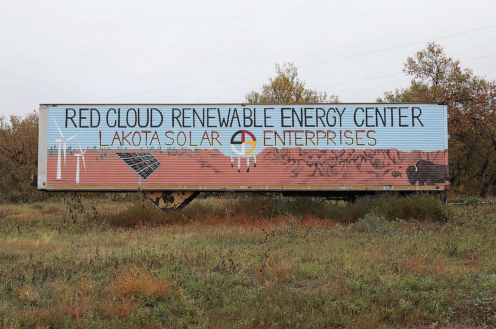 PHOTO: The entrance to the Red Cloud Renewable Energy Center is seen on the Pine Ridge reservation in South Dakota, Sept. 28, 2018. 
