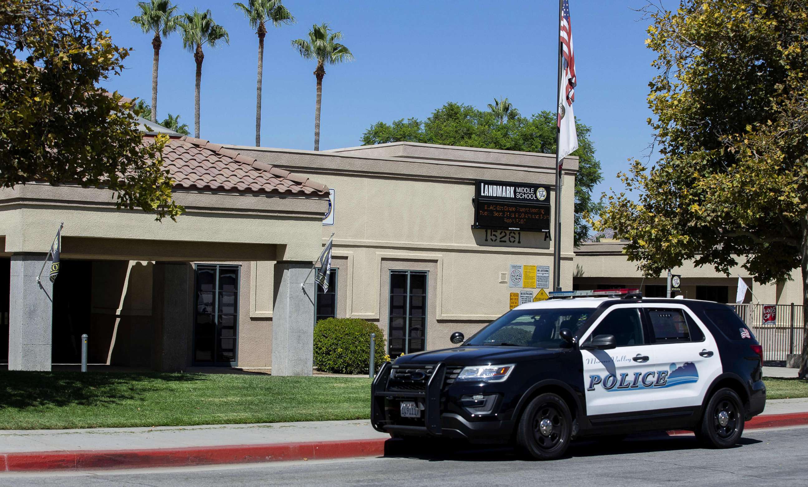PHOTO: A police car sits in front of the Landmark Middle School in Moreno Valley, Calif., Sept. 18, 2019.