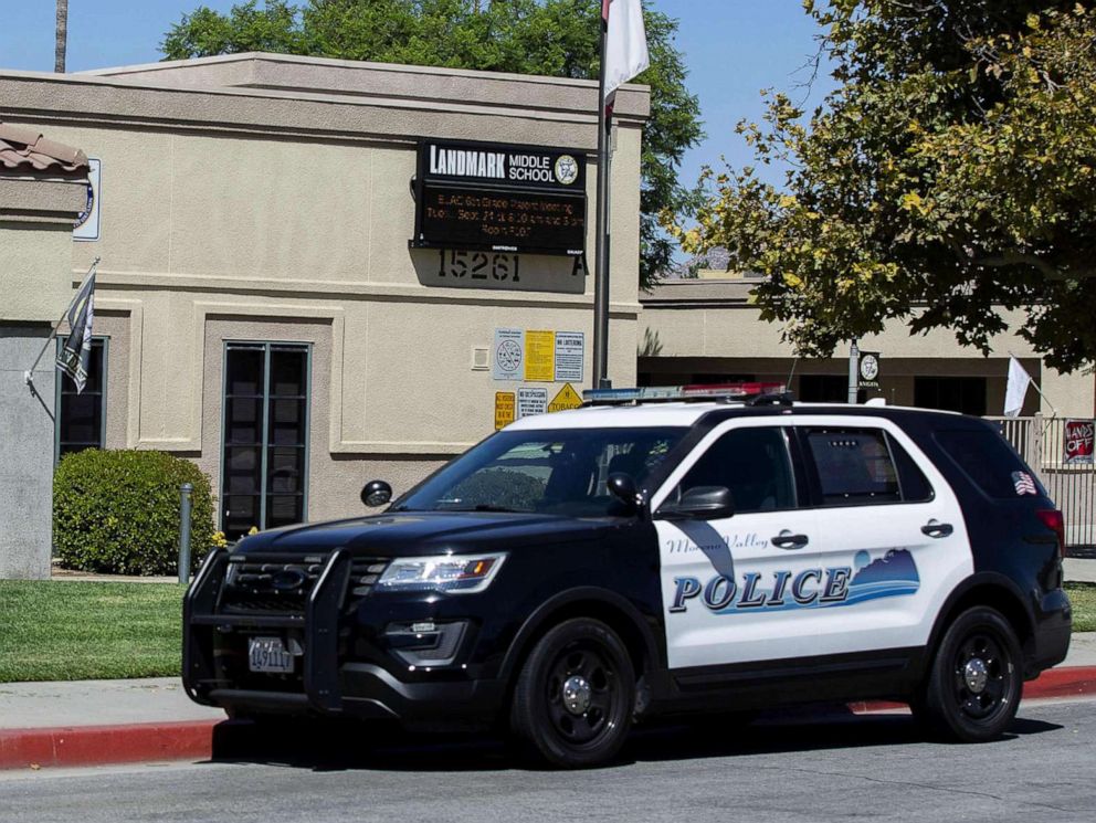 PHOTO: A police car sits in front of the Landmark Middle School in Moreno Valley, Calif., Sept. 18, 2019.