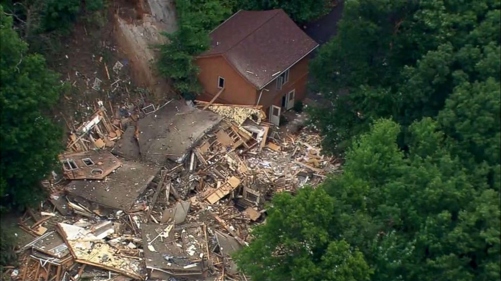 PHOTO: A landslide crashed into a house, May 30, 2018, hitting a gas line and causing an explosion in Watauga County, N.C. The damage is shown in an aerial image from video taken May 31, 2018.