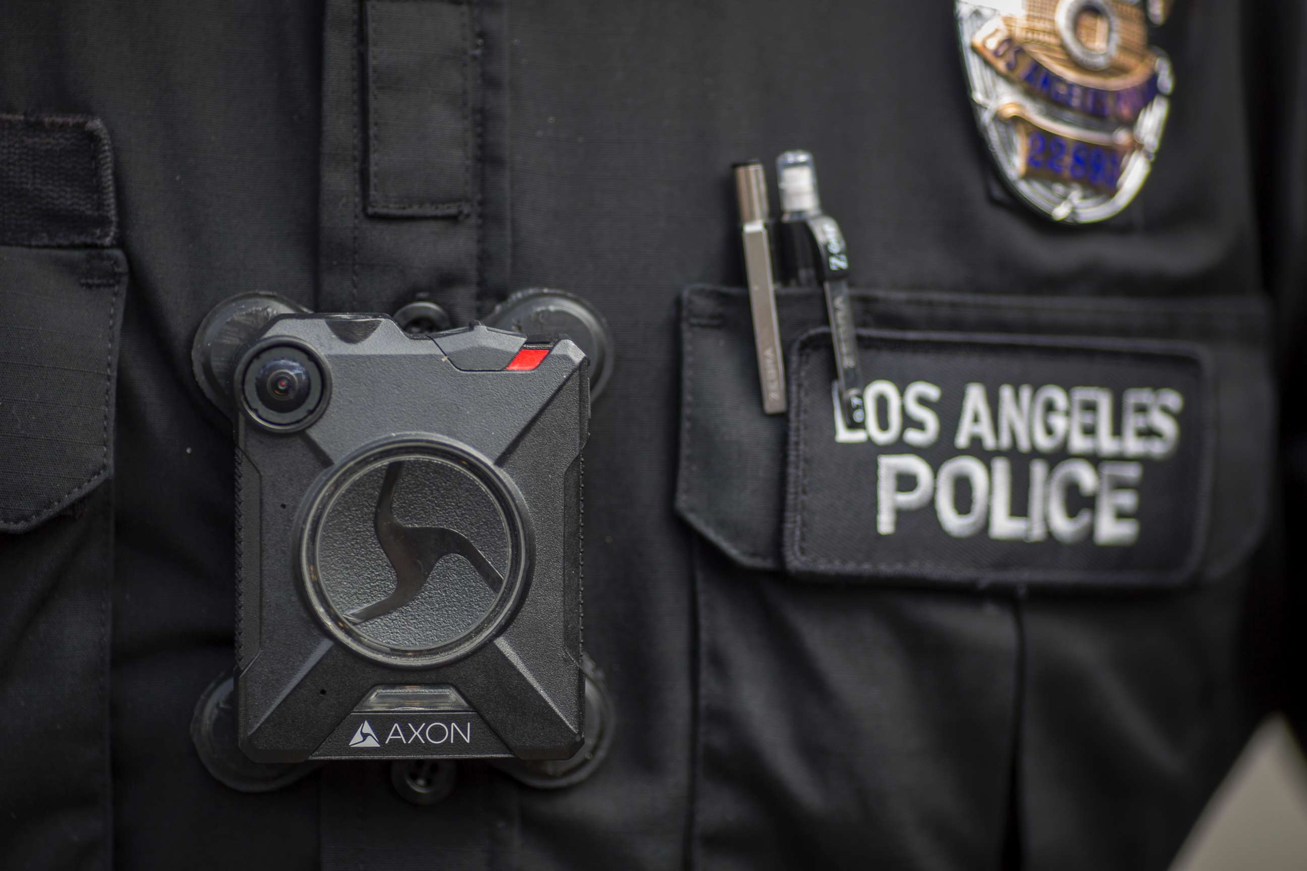 PHOTO: A Los Angeles police officer wears an AXON body camera, Feb. 18, 2017, in Los Angeles.