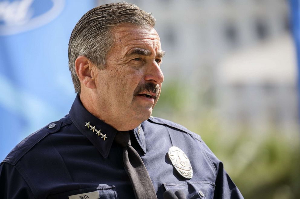 PHOTO: Charlie Beck, chief of Los Angeles Police Department (LAPD), speaks before the new Ford Motor Co. Police Responder hybrid vehicles are unveiled during an event outside of LAPD headquarters in Los Angeles, April 10, 2017. 