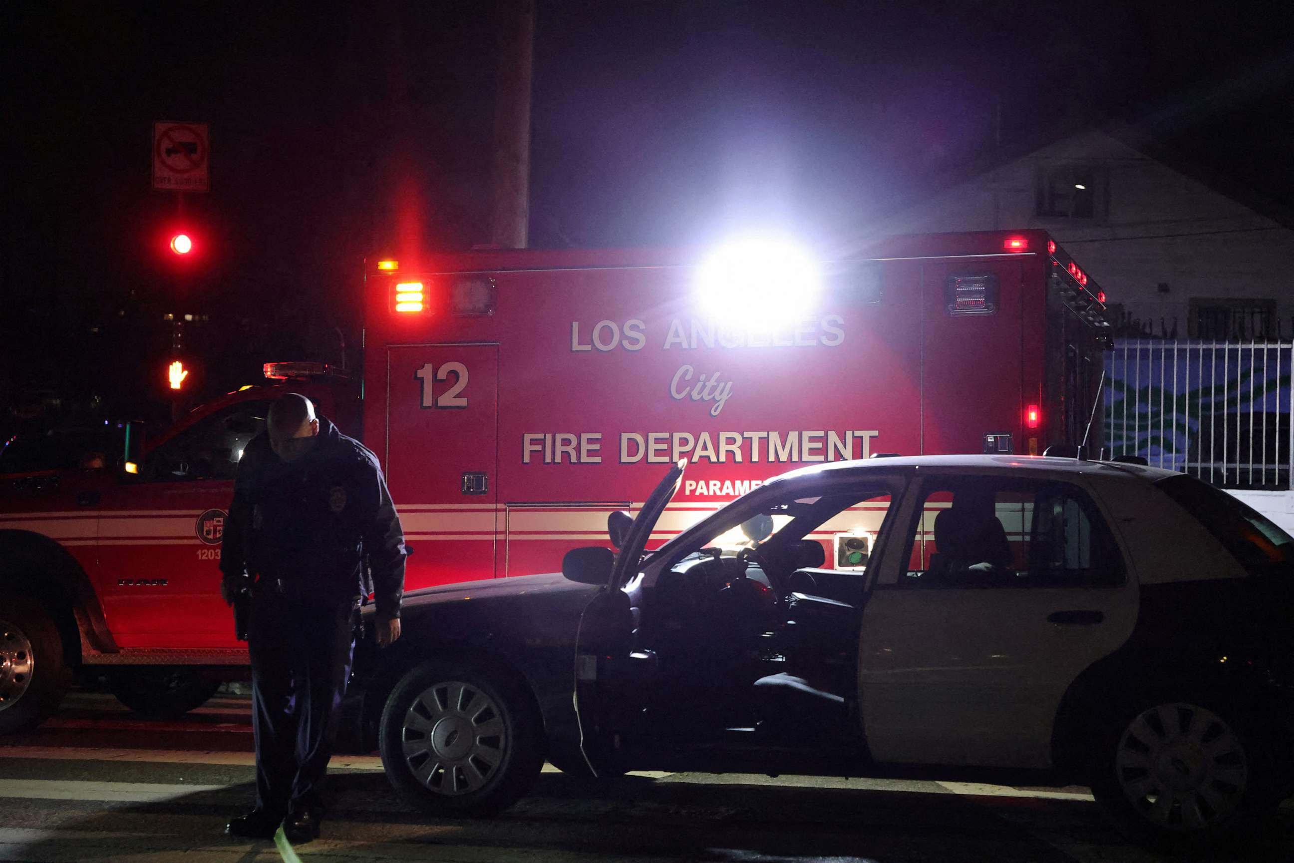 PHOTO: The Lincoln Park neighborhood is cordoned off as police look for a gunman who shot three police officers, in Los Angeles, March 8, 2023.