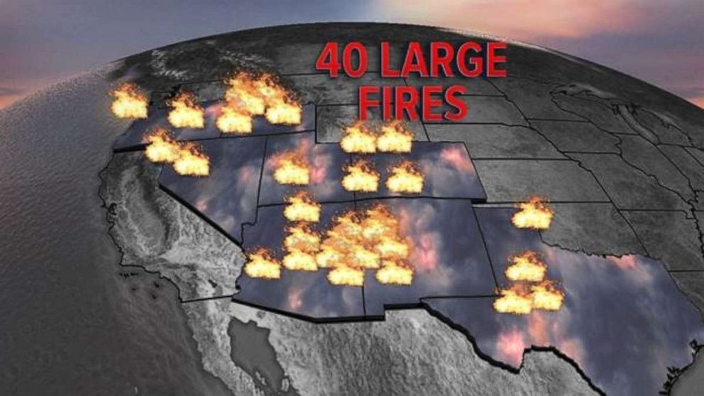 PHOTO: There are 40 large fires burning across the West on Wednesday.