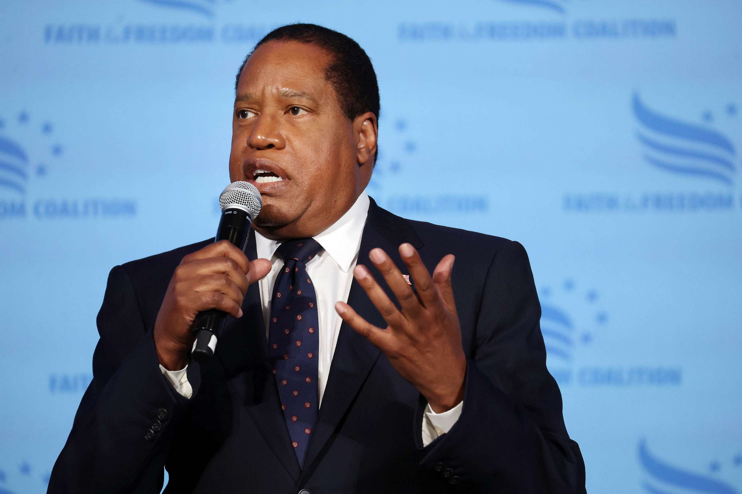 PHOTO: FILE - Republican presidential candidate conservative radio talk show host Larry Elder speaks to guests at the Iowa Faith & Freedom Coalition Spring Kick-Off, April 22, 2023 in Clive, Iowa.