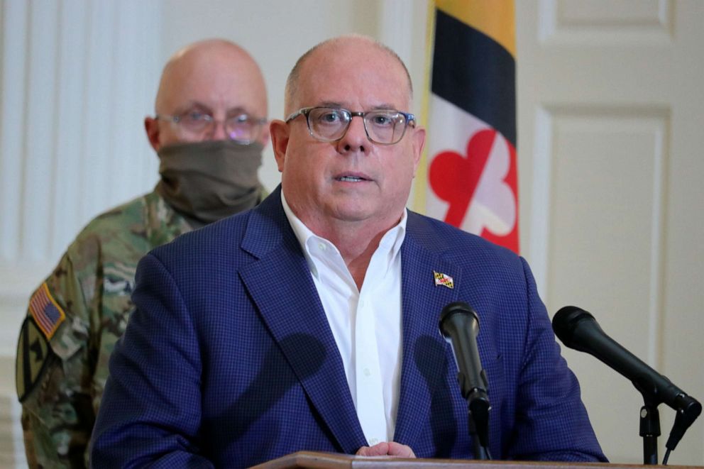 PHOTO: Maryland Gov. Larry Hogan announces that all nursing homes and assisted-living facilities in the state must conduct universal coronavirus testing of all residents and staff during a news conference, April 29, 2020 in Annapolis, Md.