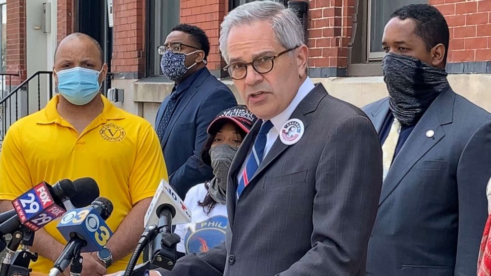 PHOTO: Philadelphia District Attorney Larry Krasner speaks during a news conference where fraternal organizations that represent Black and Latino police and firefighters, endorsed him for in the Democratic primary, May 14, 2021, in Philadelphia.