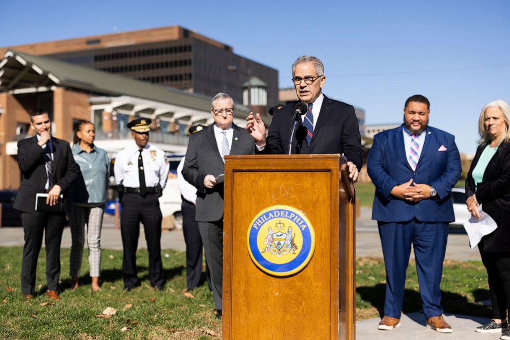 PHOTO: Philadelphia District Attorney Larry Krasner speaks to reporters on Independence Mall about his offices Election Task Force and Election Day security, Nov. 7, 2022, in Philadelphia.