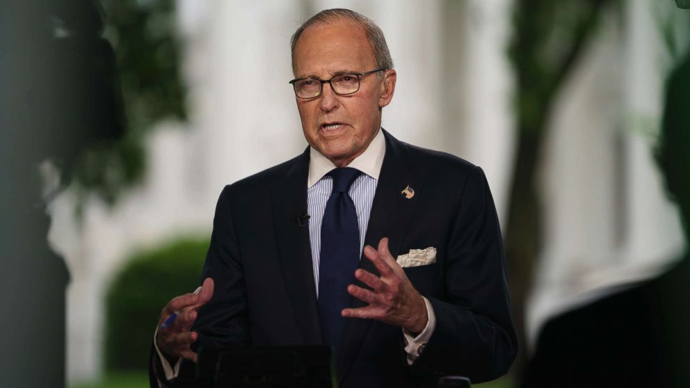 PHOTO: White House chief economic adviser Larry Kudlow speaks during a television interview outside the West Wing of the White House, in Washington, May 18, 2018. 