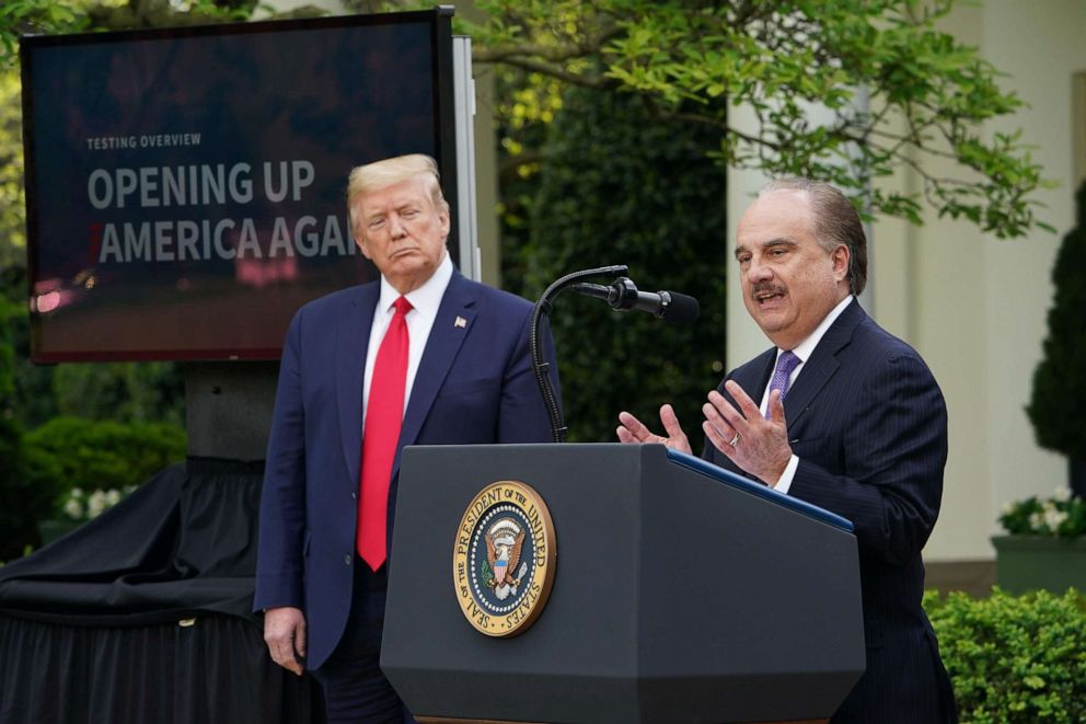 PHOTO: CVS CEO Larry Merlo speaks during a news conference with President Donald Trump on the novel coronavirus in the Rose Garden of the White House in Washington, D.C., on April 27, 2020.