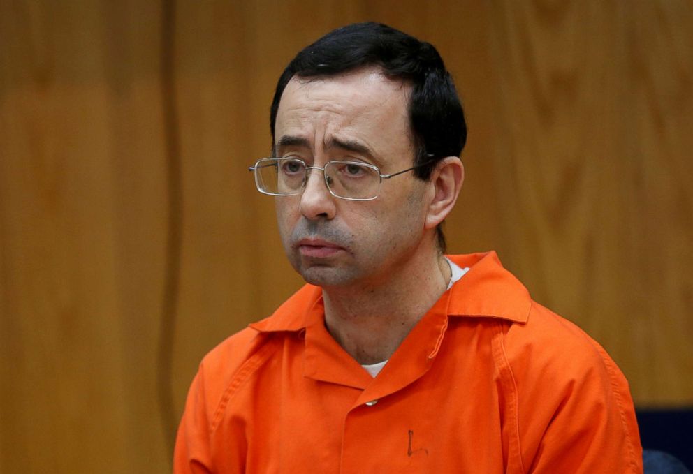 PHOTO: In this Jan. 31, 2018, file photo, Larry Nassar, a former team USA Gymnastics doctor who pleaded guilty to sexual assault, listens to victims impact statements during his sentencing in the Eaton County Circuit Court in Charlotte, Mich.