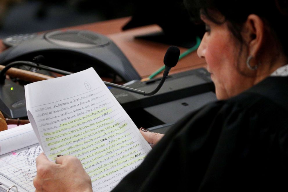 PHOTO: Circuit Court Judge Rosemarie Aquilina reads a portion of a letter from Larry Nassar, a former team USA Gymnastics doctor during his sentencing hearing in Lansing, Mich., on Jan. 24, 2018. 