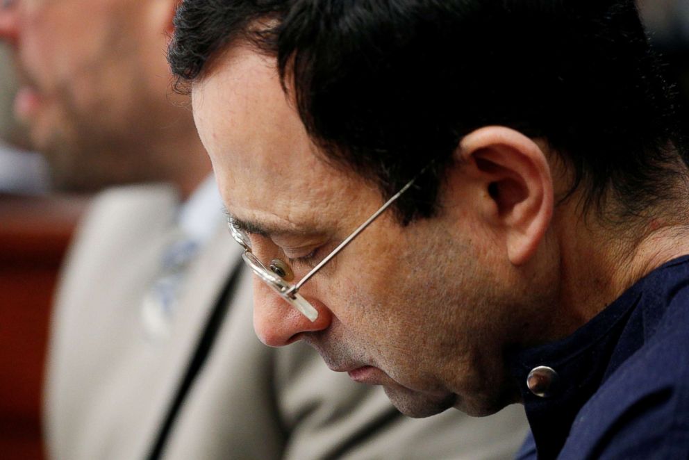 PHOTO: Larry Nassar, a former team USA Gymnastics doctor who pleaded guilty in November 2017 to sexual assault charges, sits in the courtroom during his sentencing hearing in Lansing, Mich., on Jan. 22, 2018. 