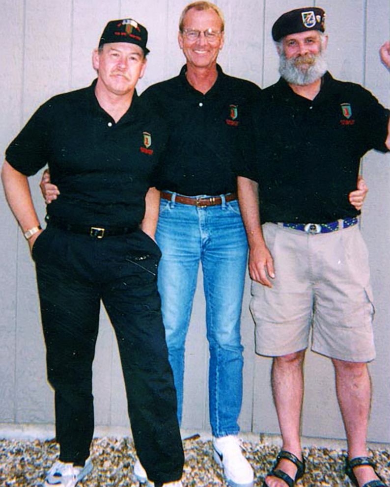 PHOTO: Photo of Dave Hill, Larry Taylor, and Paul Elsner taken in 1999 in Branson, Missouri, at an annual 1st Inf. Div. LRP-Ranger Reunion. It was the first time Hill and Elsner met Taylor since he rescued them in Vietnam on the night of 18 June 1968. 