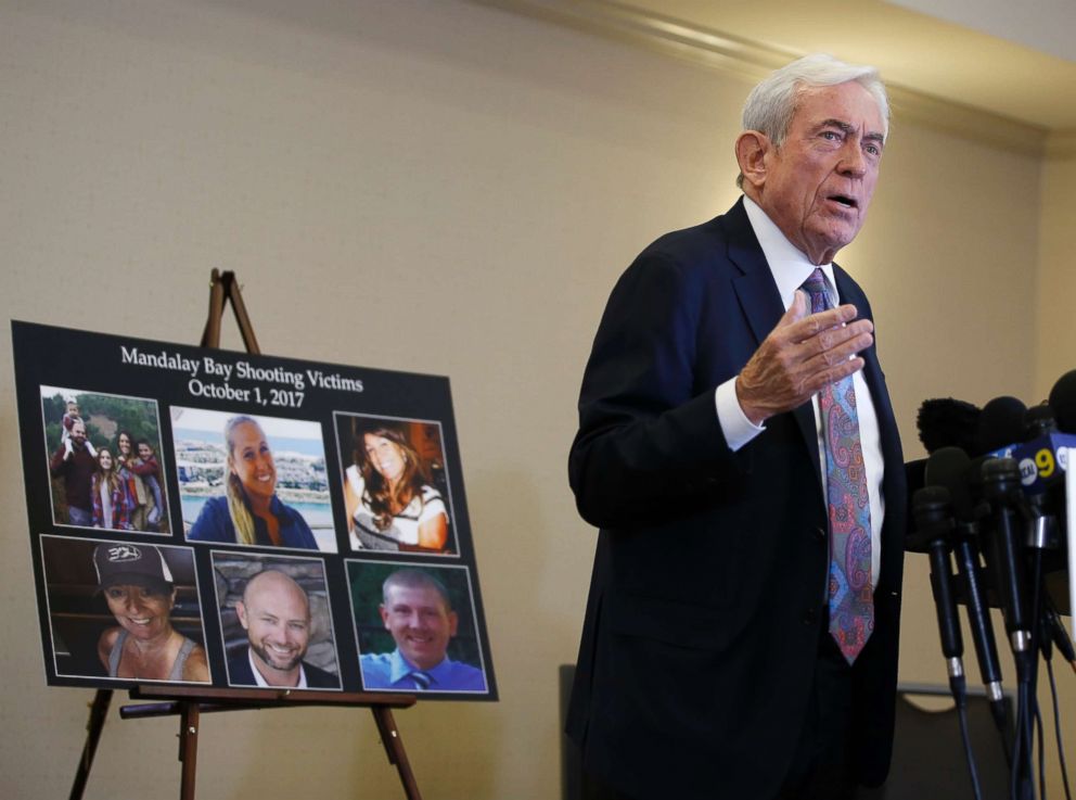 PHOTO: Attorney Mark P. Robinson, right, representing shooting victims and family members who lost loved ones in the Oct, 1, 2017, Las Vegas shooting, talks about MGM's decision, at a news conference in Newport Beach, Calif., July 23, 2018.