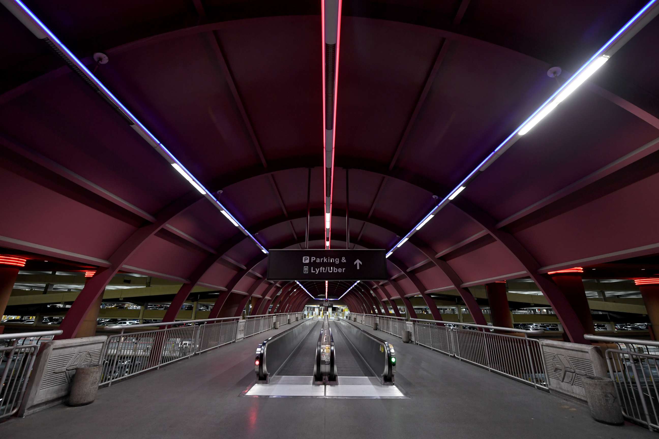 PHOTO: An empty walkway connecting McCarran International Airport to a parking garage is shown amid the spread of the coronavirus on May 14, 2020 in Las Vegas.