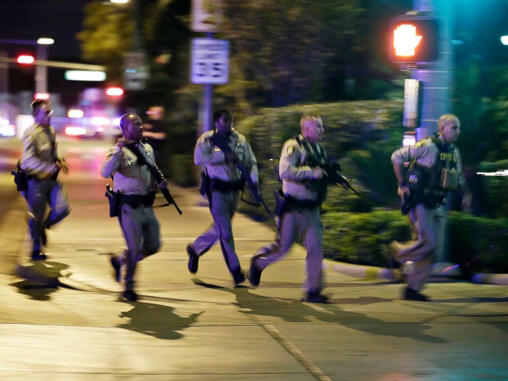PHOTO: Police run at the scene of a shooting near the Mandalay Bay resort and casino on the Las Vegas Strip, Oct. 1, 2017, in Las Vegas.