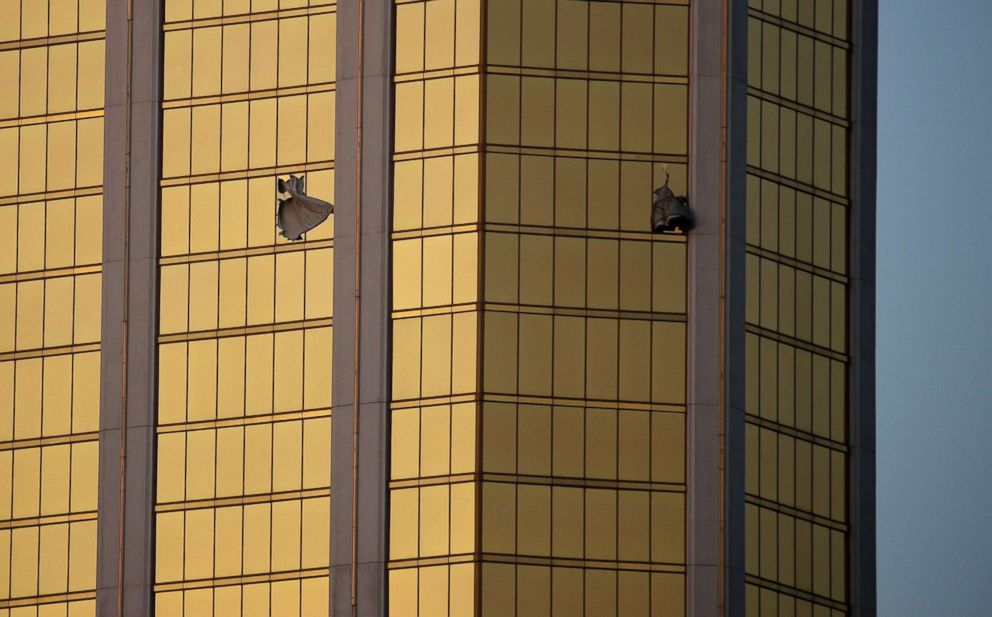 PHOTO: In this Monday, Oct. 2, 2017, file photo, drapes billow out of broken windows at the Mandalay Bay resort and casino on the Las Vegas Strip, following a mass shooting at a music festival in Las Vegas.