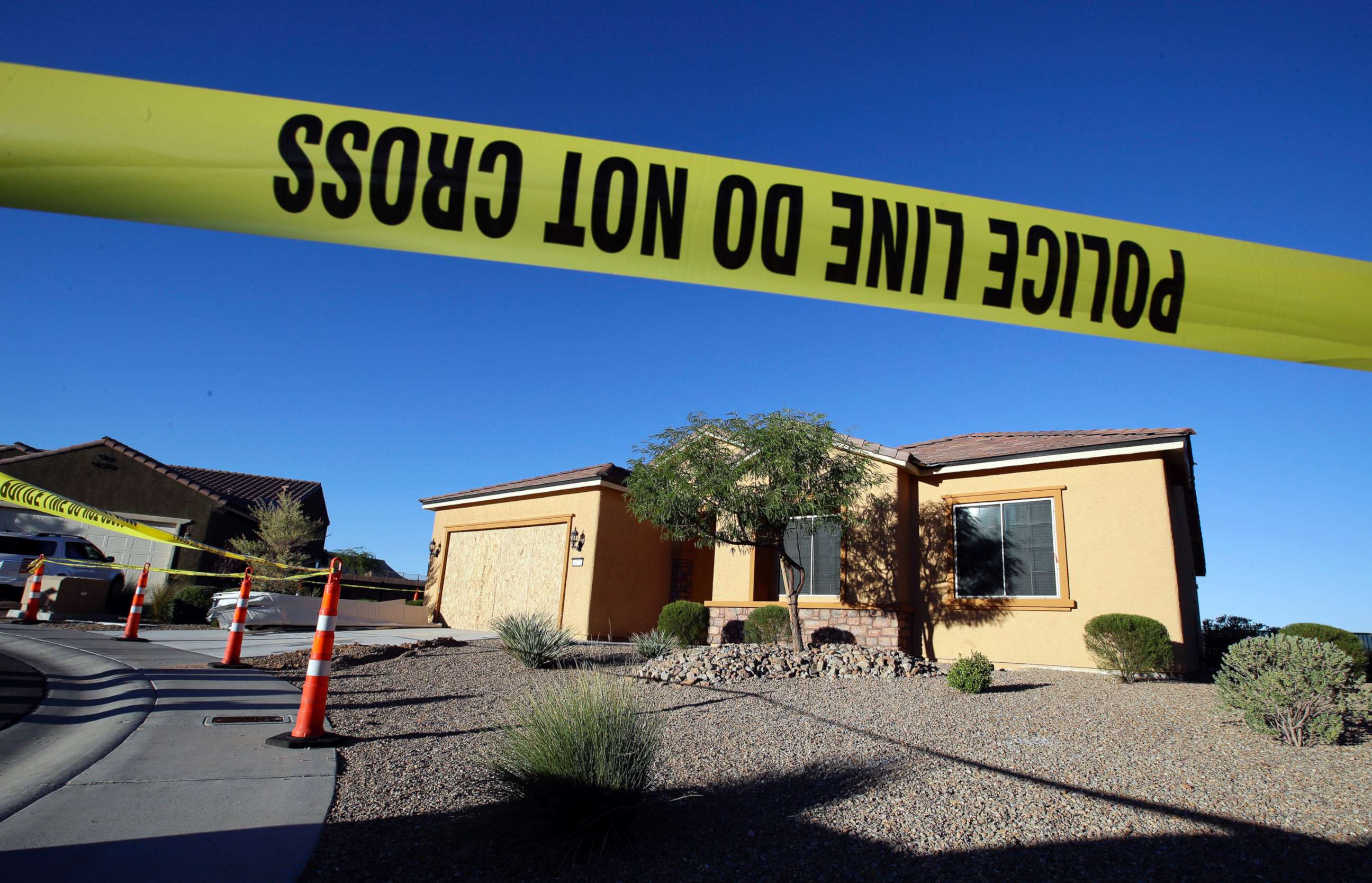 PHOTO: This Oct. 2, 2017 file photo shows police tape blocking off the home of Stephen Craig Paddock in Mesquite, Nev. 