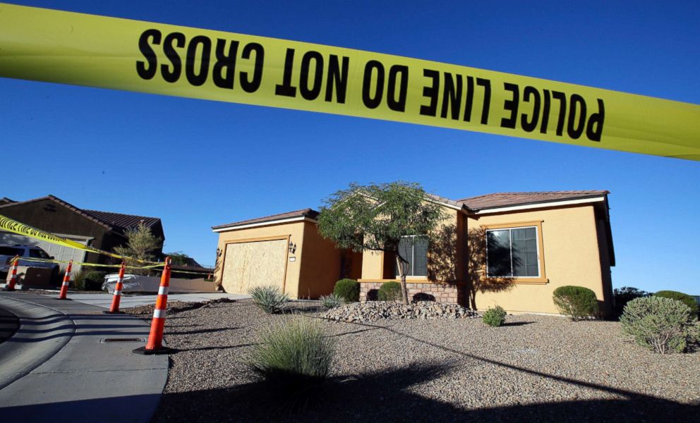 PHOTO: This Oct. 2, 2017 file photo shows police tape blocking off the home of Stephen Craig Paddock in Mesquite, Nev. 