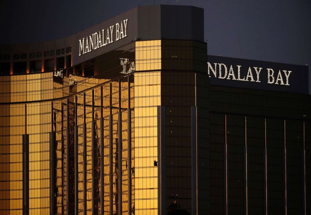 PHOTO: Windows are broken at the Mandalay Bay resort and casino in Las Vegas after a mass shooting, Oct. 3, 2017.
