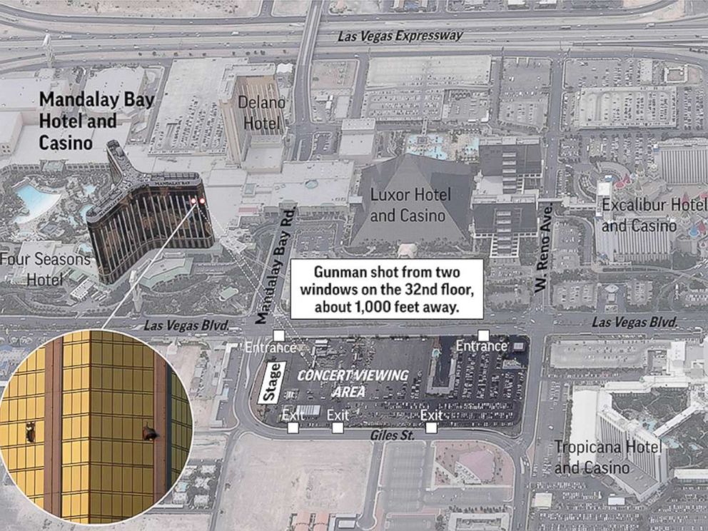 PHOTO: Map shows an aerial view of the Mandalay Bay Hotel and Casino, the surrounding areas and the vantage point the shooter had from the hotel.