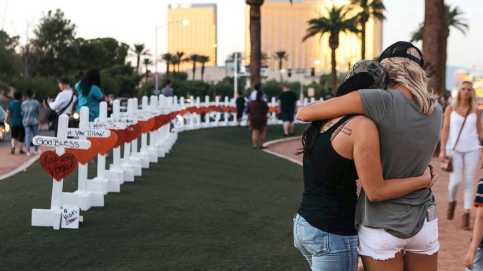 PHOTO: A memorial displaying 58 crosses by Greg Zanis stands at the "Welcome To Las Vegas Sign" in Las Vegas, Oct. 5, 2017.