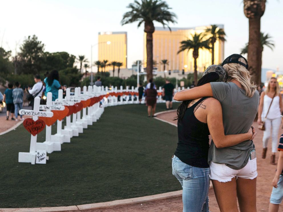 PHOTO: A memorial displaying 58 crosses by Greg Zanis stands at the Welcome To Las Vegas Sign in Las Vegas, Oct. 5, 2017.