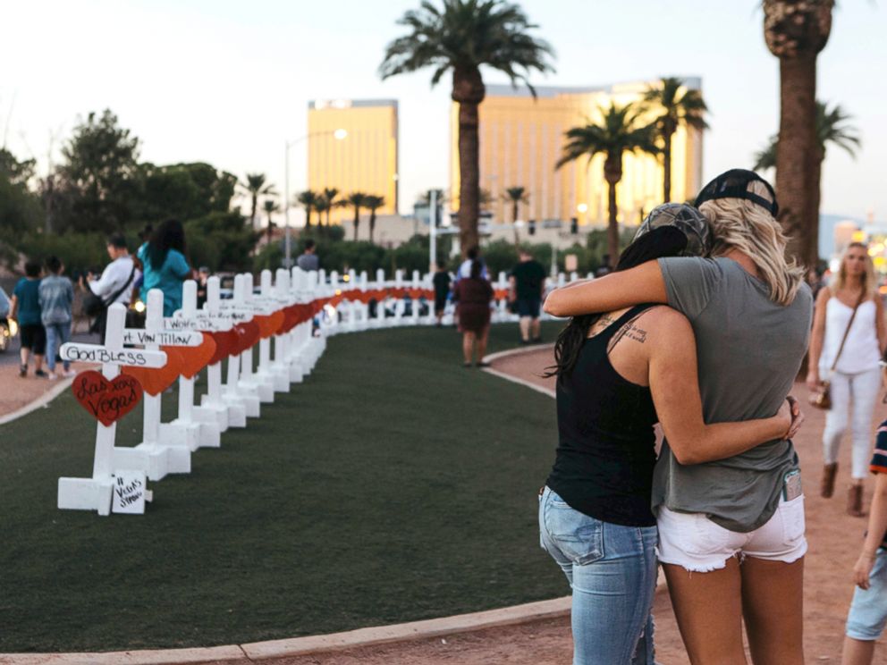 PHOTO: A memorial displaying 58 crosses by Greg Zanis stands at the "Welcome To Las Vegas Sign" in Las Vegas, Oct. 5, 2017.